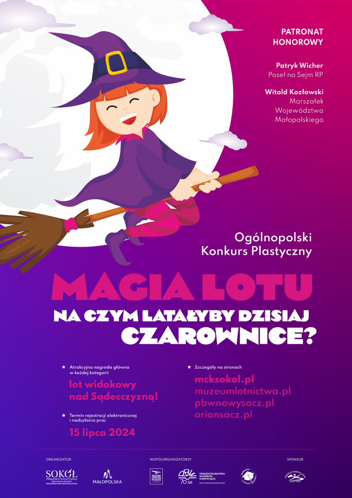 Plakat konkursu "Magia lotu - na czym latałyby dzisiaj czarownice?" organizowanym przez Małopolskie Centrum Kultury w Nowym Sączu, współorganizowanym przez Muzeum Lotnictwa Polskiego w Krakowie.